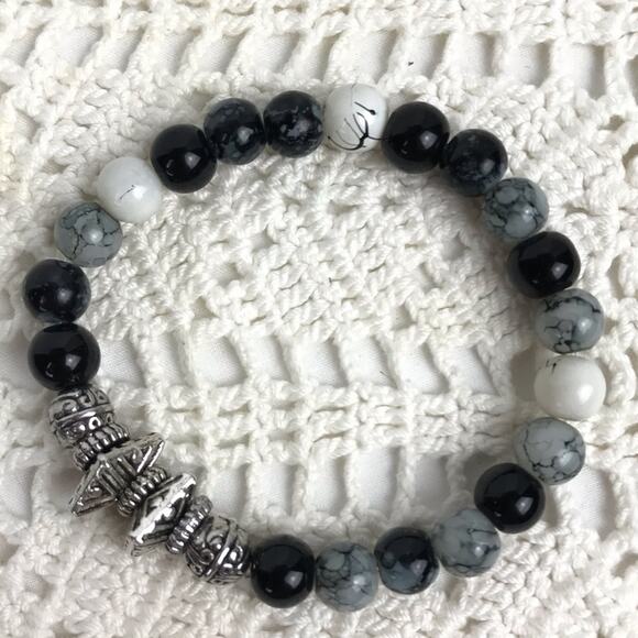Bracelet Marble Glass Bead Stretch Gray Black - Picture 2 of 2